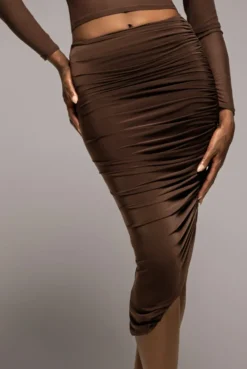 Side Gathered Asymmetric Midi Skirt - Brown by Goddiva