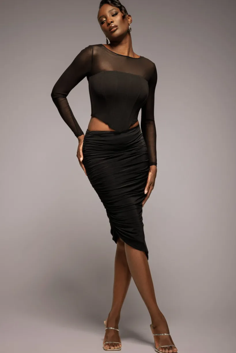 Side Gathered Asymmetric Midi Skirt - Black by Goddiva