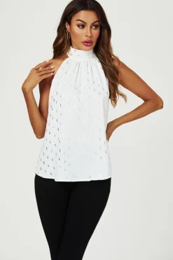Silver Foil Halter Neck Tie Back Top In White by FS Collection