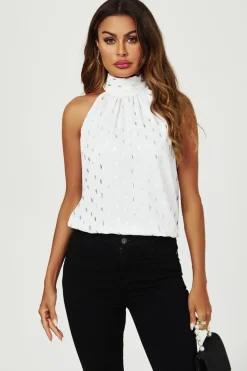 Silver Foil Halter Neck Tie Back Top In White by FS Collection
