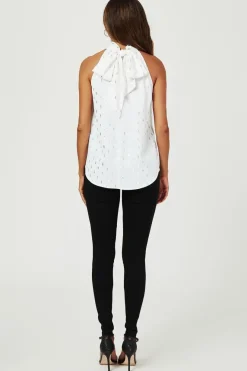 Silver Foil Halter Neck Tie Back Top In White by FS Collection