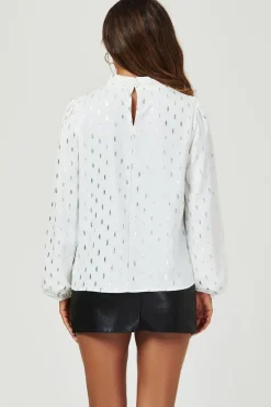 Silver Foil Long Sleeve High Neck Top In White by FS Collection