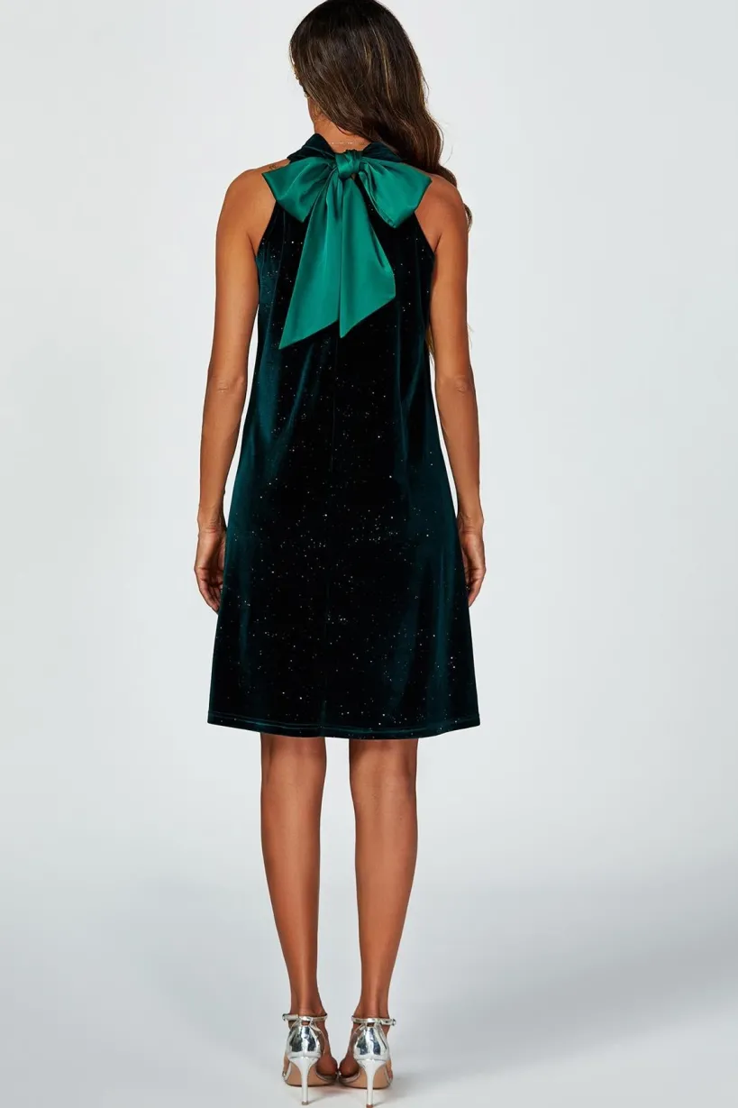 Silver Foil Velvet Halter Neck Tie Back Mini Dress In Green by FS Collection