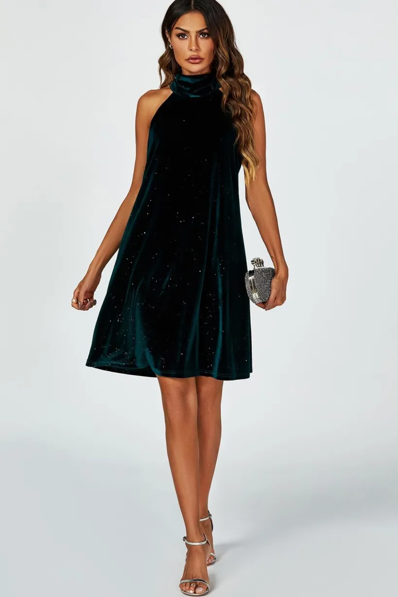 Silver Foil Velvet Halter Neck Tie Back Mini Dress In Green by FS Collection