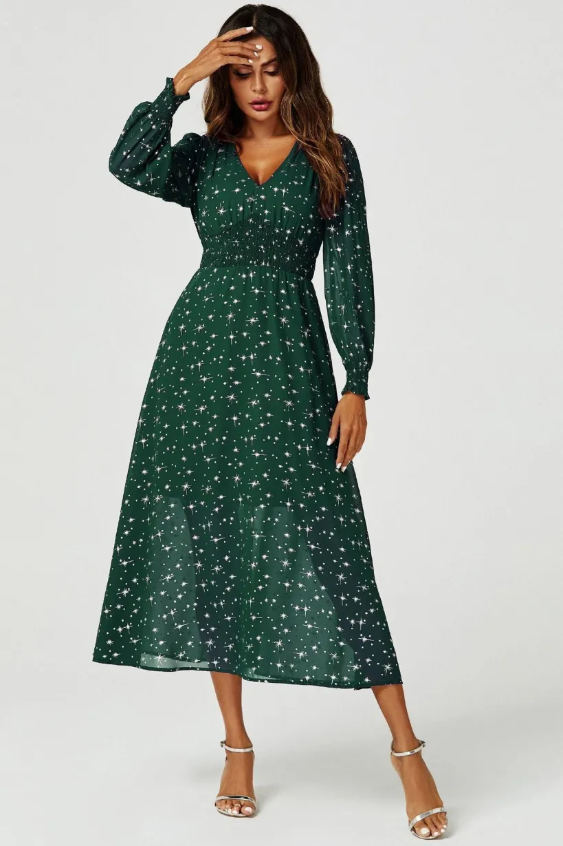 Silver Star Foil Long Sleeve Maxi Dress In Green by FS Collection