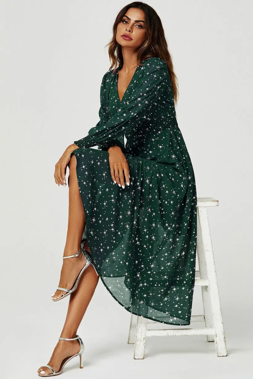 Silver Star Foil Long Sleeve Maxi Dress In Green by FS Collection