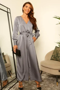 Silver/blue Lux Satin Wrap Jumpsuit by Double Second