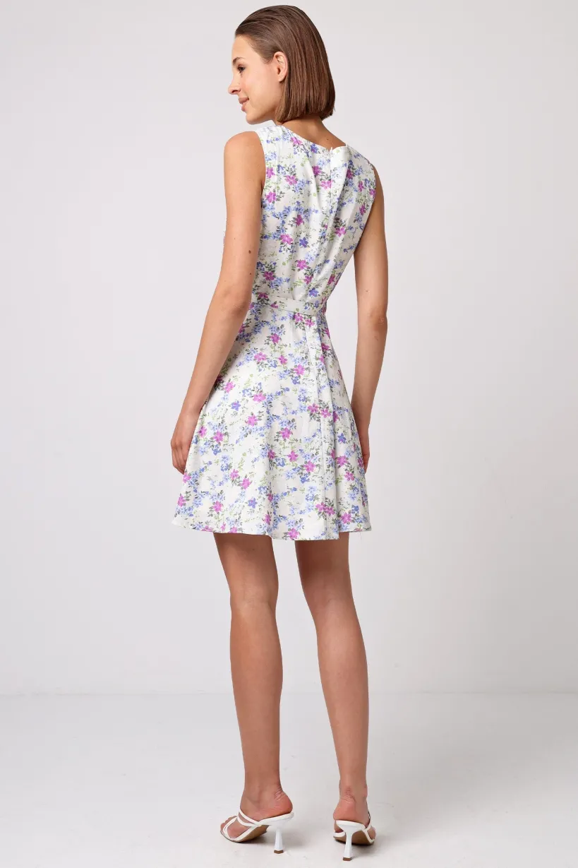 Skater Mini Dress With Tie Belt In White Floral by Angeleye