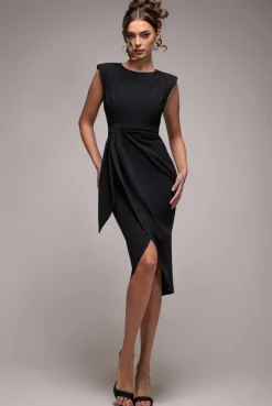 Sleeveless Asymmetric Wrap Midi Dress - Black by Goddiva