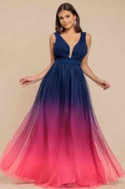 Sleeveless Ombre Pleated A-Line Maxi Dress - Pink Ombre by Goddiva