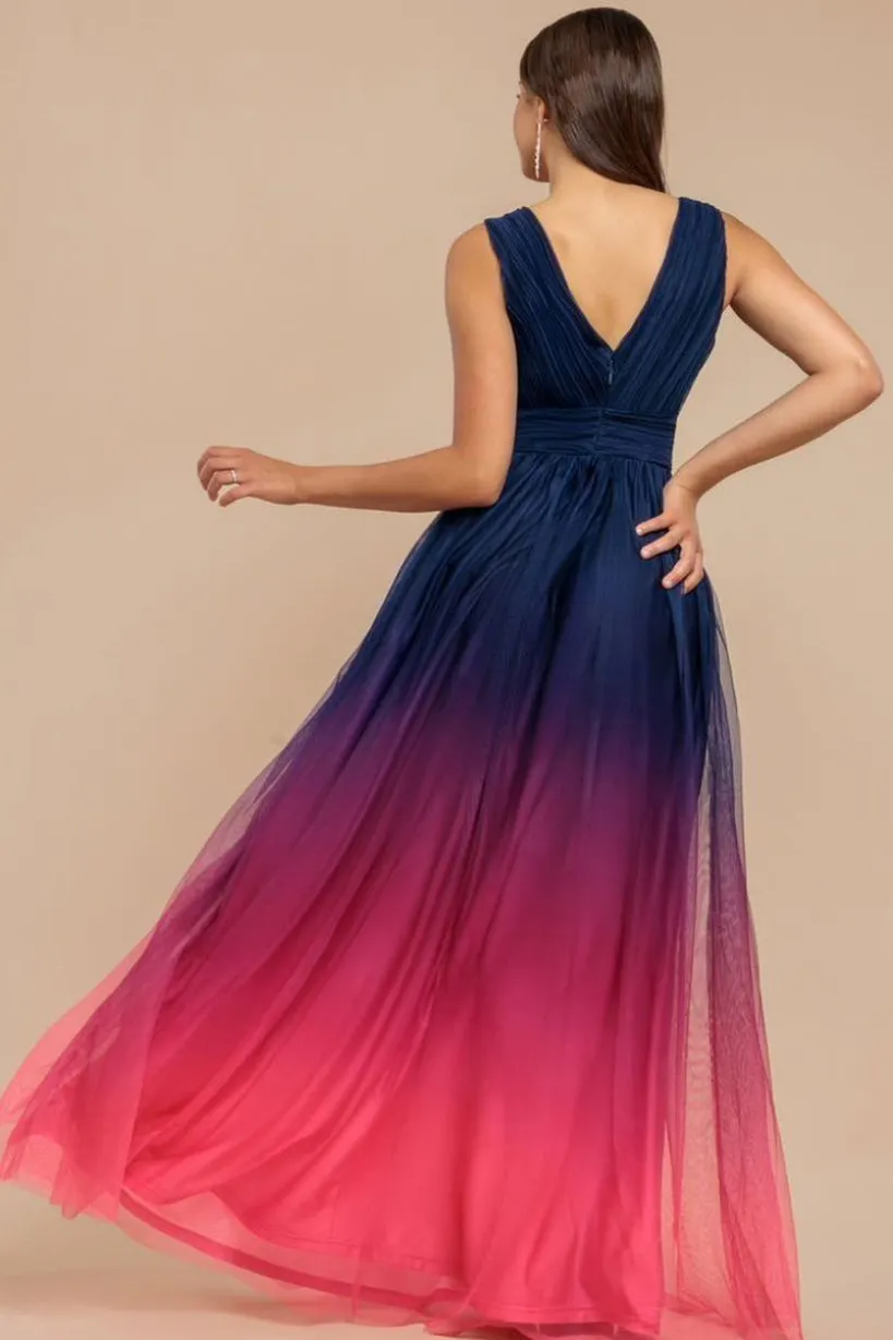 Sleeveless Ombre Pleated A-Line Maxi Dress - Pink Ombre by Goddiva