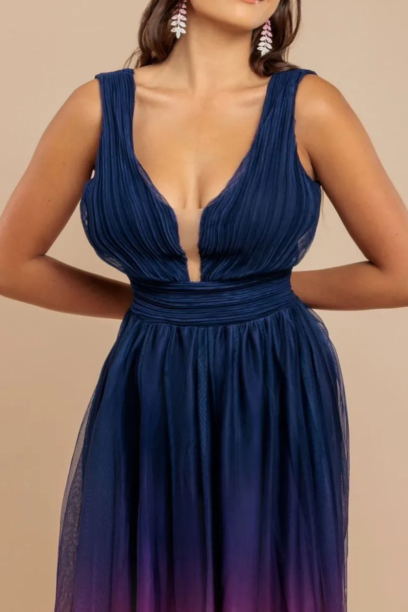 Sleeveless Ombre Pleated A-Line Maxi Dress - Pink Ombre by Goddiva