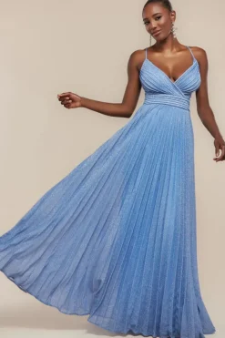 Sleeveless Pleated A Line Lurex Maxi Dress - Blue by Goddiva
