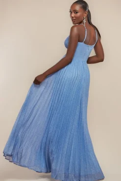 Sleeveless Pleated A Line Lurex Maxi Dress - Blue by Goddiva