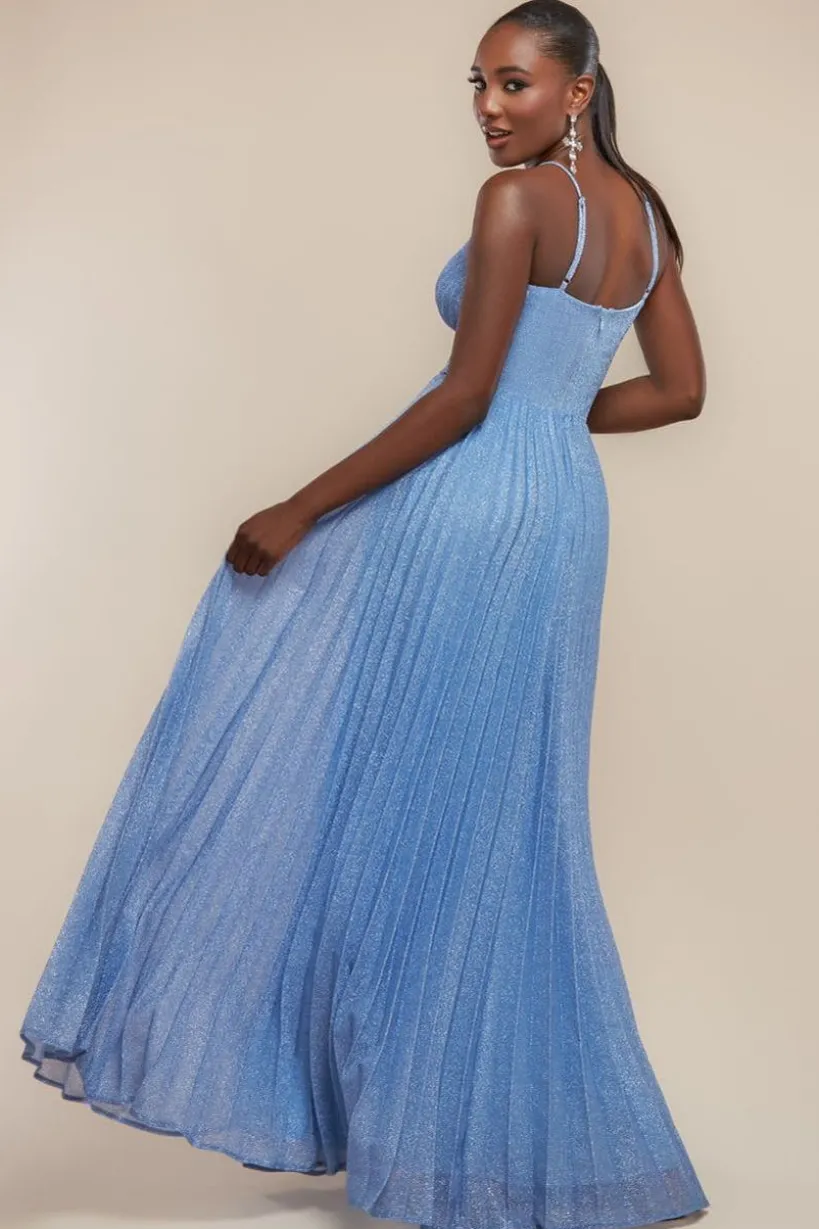 Sleeveless Pleated A Line Lurex Maxi Dress - Blue by Goddiva