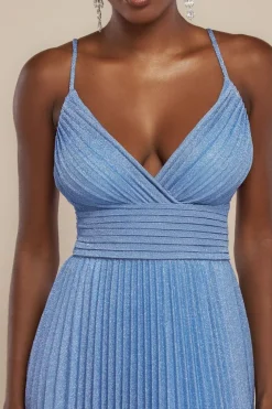 Sleeveless Pleated A Line Lurex Maxi Dress - Blue by Goddiva
