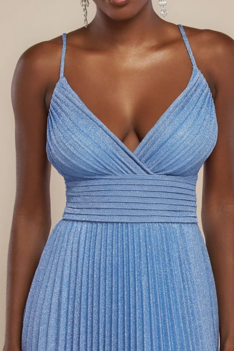 Sleeveless Pleated A Line Lurex Maxi Dress - Blue by Goddiva