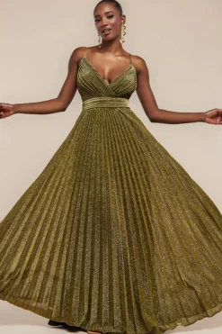 Sleeveless Pleated A Line Lurex Maxi Dress - Gold by Goddiva