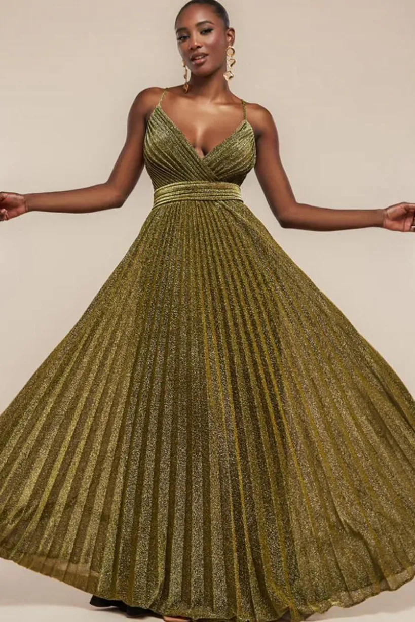 Sleeveless Pleated A Line Lurex Maxi Dress - Gold by Goddiva