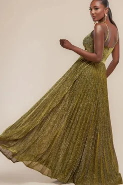 Sleeveless Pleated A Line Lurex Maxi Dress - Gold by Goddiva