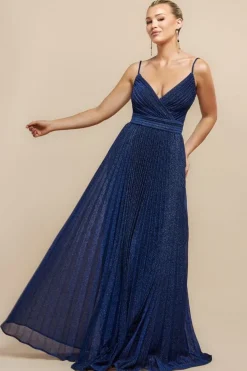 Sleeveless Pleated A Line Lurex Maxi Dress - Navy Blue by Goddiva