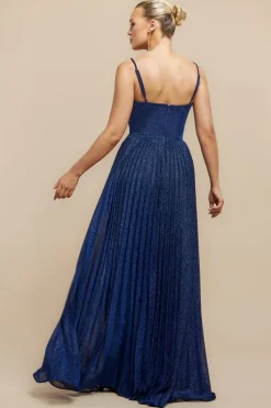 Sleeveless Pleated A Line Lurex Maxi Dress - Navy Blue by Goddiva