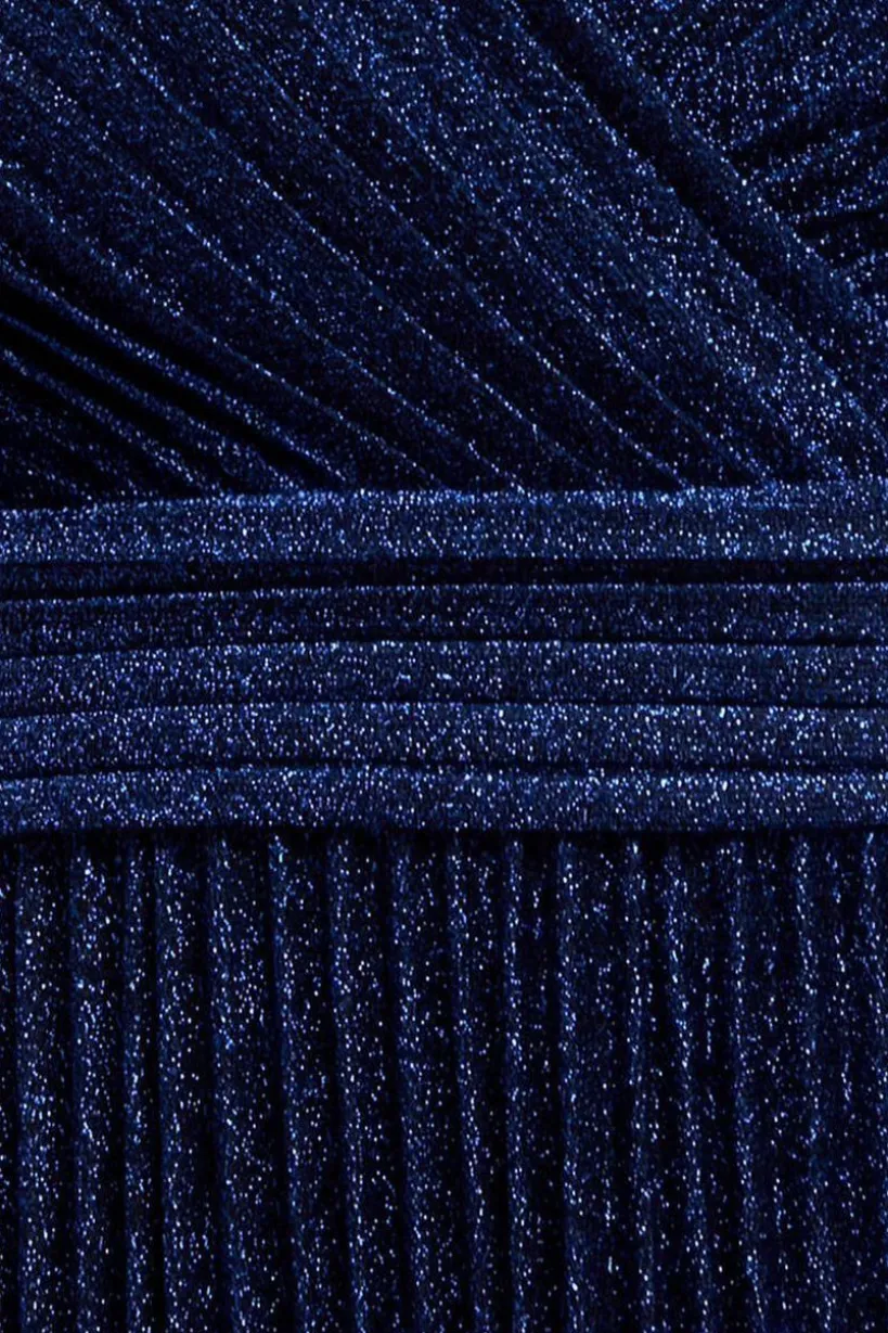 Sleeveless Pleated A Line Lurex Maxi Dress - Navy Blue by Goddiva