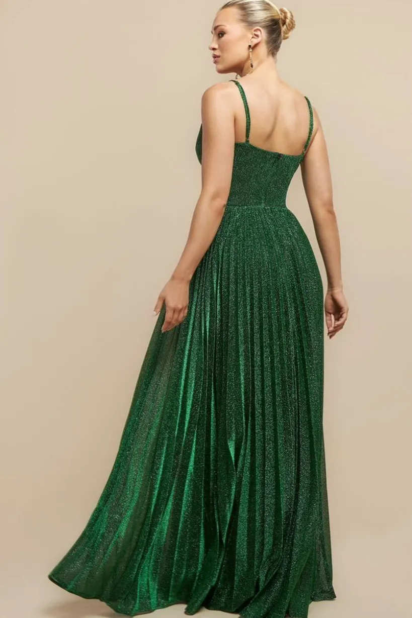 Sleeveless Pleated A Line Lurex Maxi Dress - Emerald Green by Goddiva