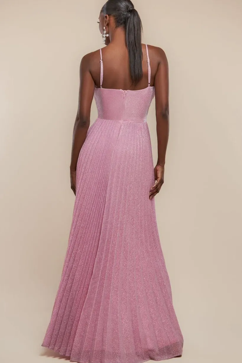Sleeveless Pleated A Line Lurex Maxi Dress - Pink by Goddiva