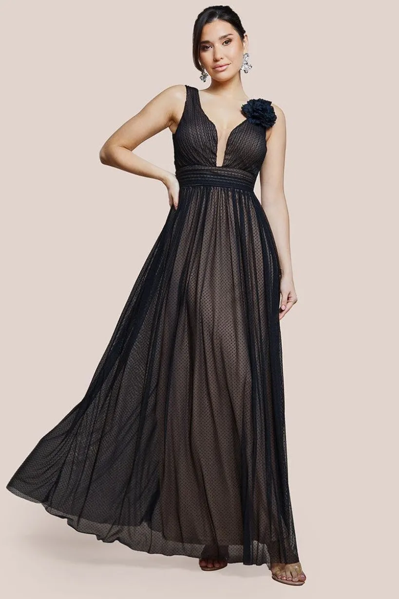 Sleeveless Pleated Dobby Mesh Corsage Maxi Dress - Black by Goddiva