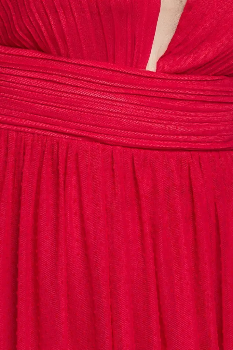 Sleeveless Pleated Dobby Mesh Corsage Maxi Dress - Red by Goddiva