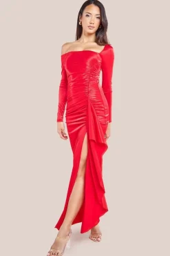 Slinky Satin One Shoulder Split Maxi Dress - Red by Goddiva