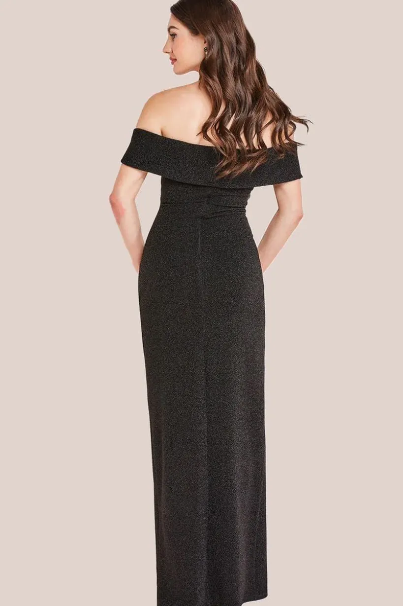 Sparkle Bardot Maxi With Waterfall Ruffle - Black by Goddiva