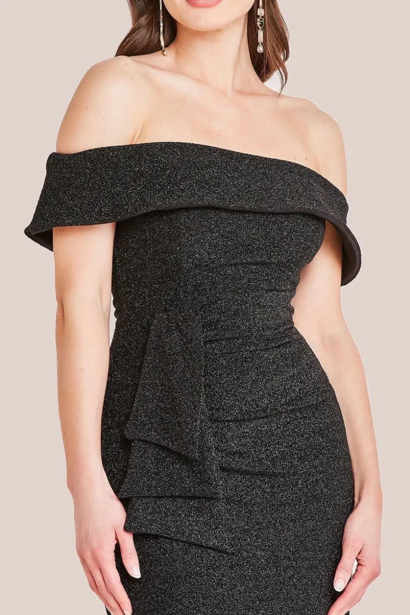 Sparkle Bardot Maxi With Waterfall Ruffle - Black by Goddiva