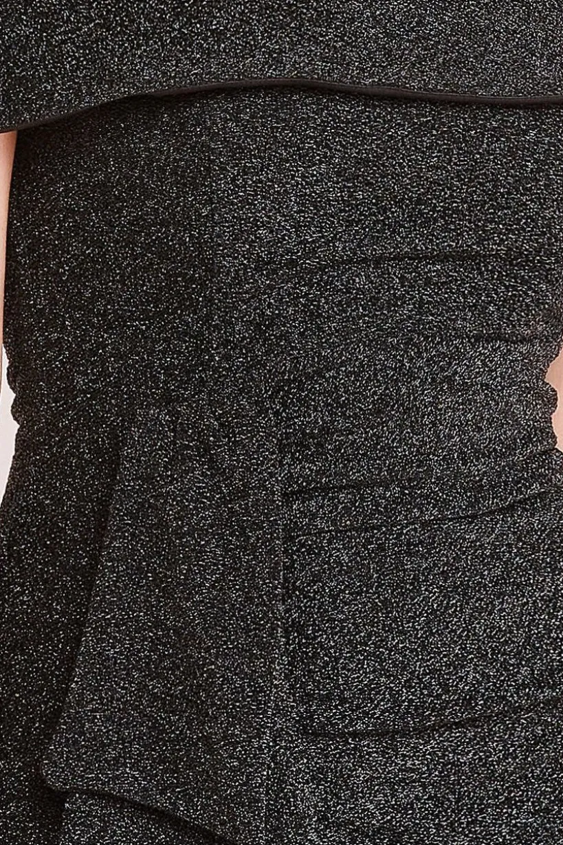 Sparkle Bardot Maxi With Waterfall Ruffle - Black by Goddiva