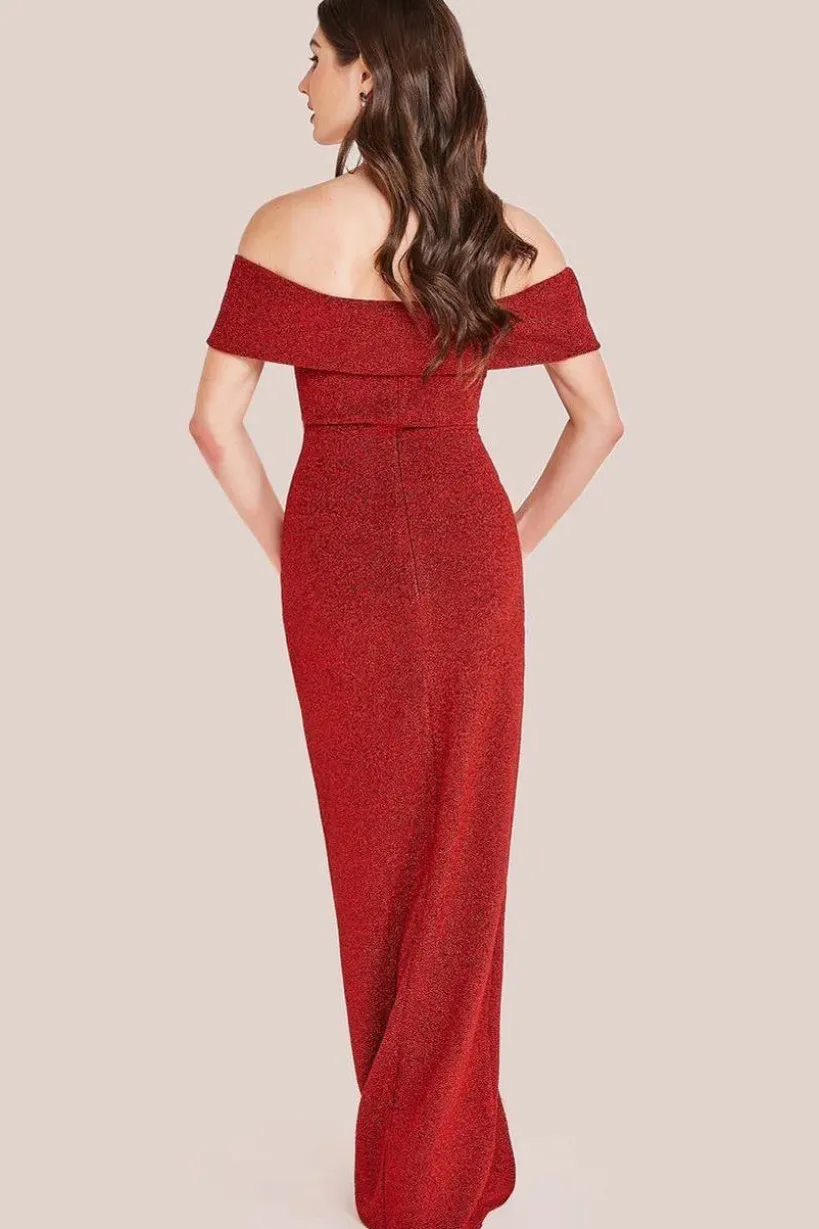 Sparkle Bardot Maxi With Waterfall Ruffle - Red by Goddiva