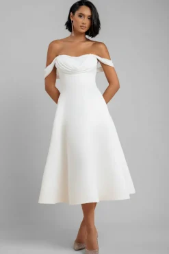Sparkle Chiffon Cowl Bardot Skater Midi Dress - Cream by Goddiva