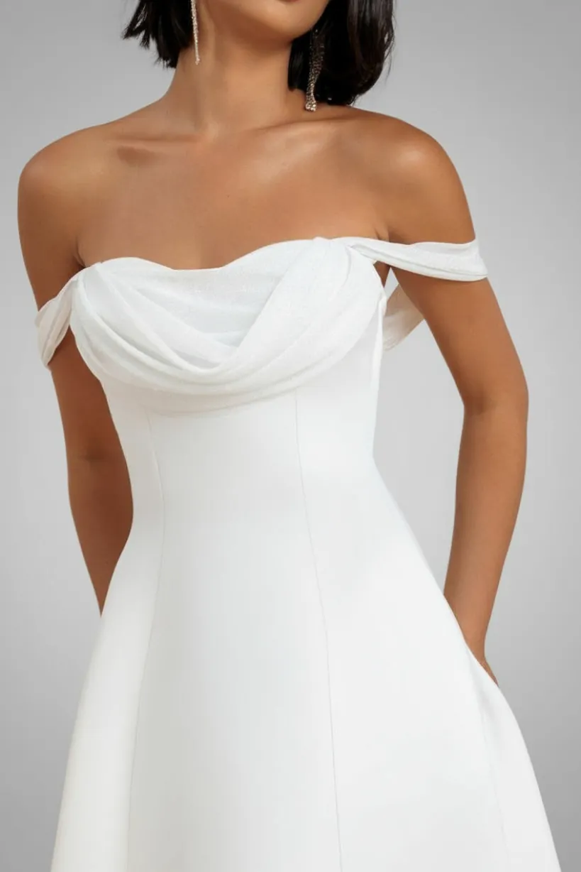 Sparkle Chiffon Cowl Bardot Skater Midi Dress - Cream by Goddiva