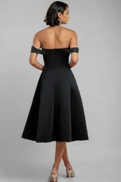 Sparkle Chiffon Cowl Bardot Skater Midi Dress - Black by Goddiva