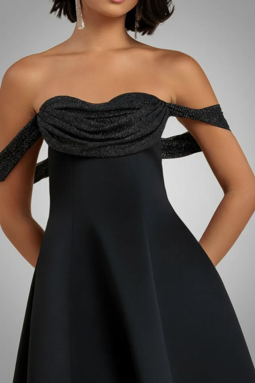 Sparkle Chiffon Cowl Bardot Skater Midi Dress - Black by Goddiva