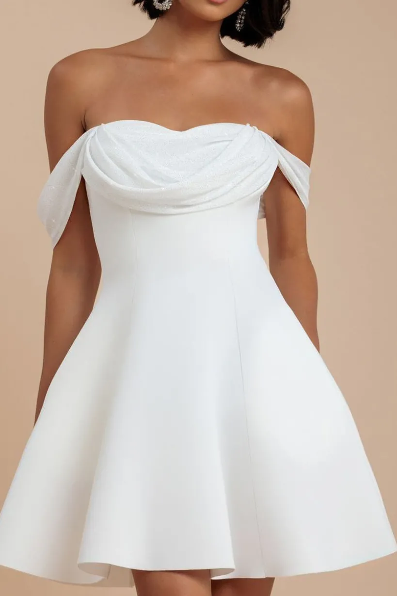 Sparkle Chiffon Cowl Bardot Skater Mini Dress - Cream by Goddiva