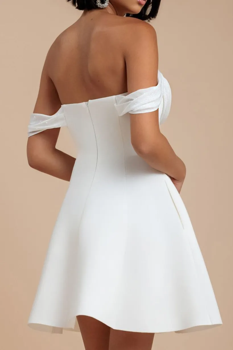 Sparkle Chiffon Cowl Bardot Skater Mini Dress - Cream by Goddiva
