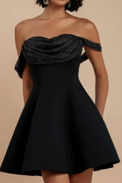 Sparkle Chiffon Cowl Bardot Skater Mini Dress - Black by Goddiva