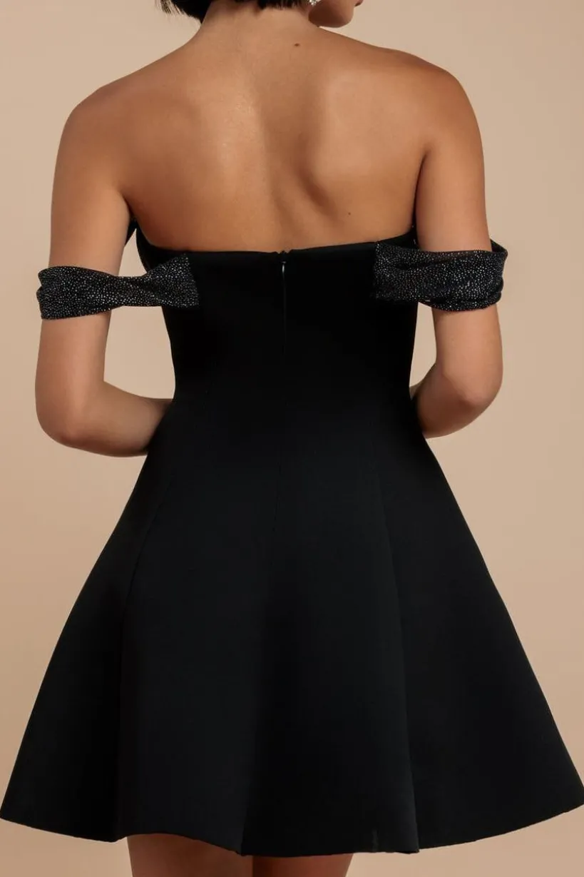Sparkle Chiffon Cowl Bardot Skater Mini Dress - Black by Goddiva