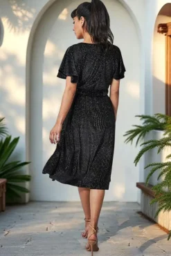 Sparkle Wrap Style Flutter Sleeve Midi Dress - Black by Goddiva
