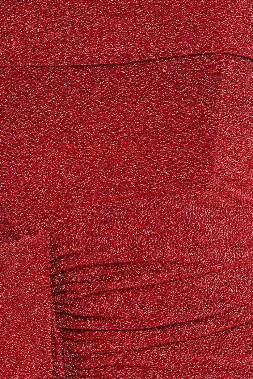 Sparkling Bardot Midi With Waterfall Ruffle - Red by Goddiva