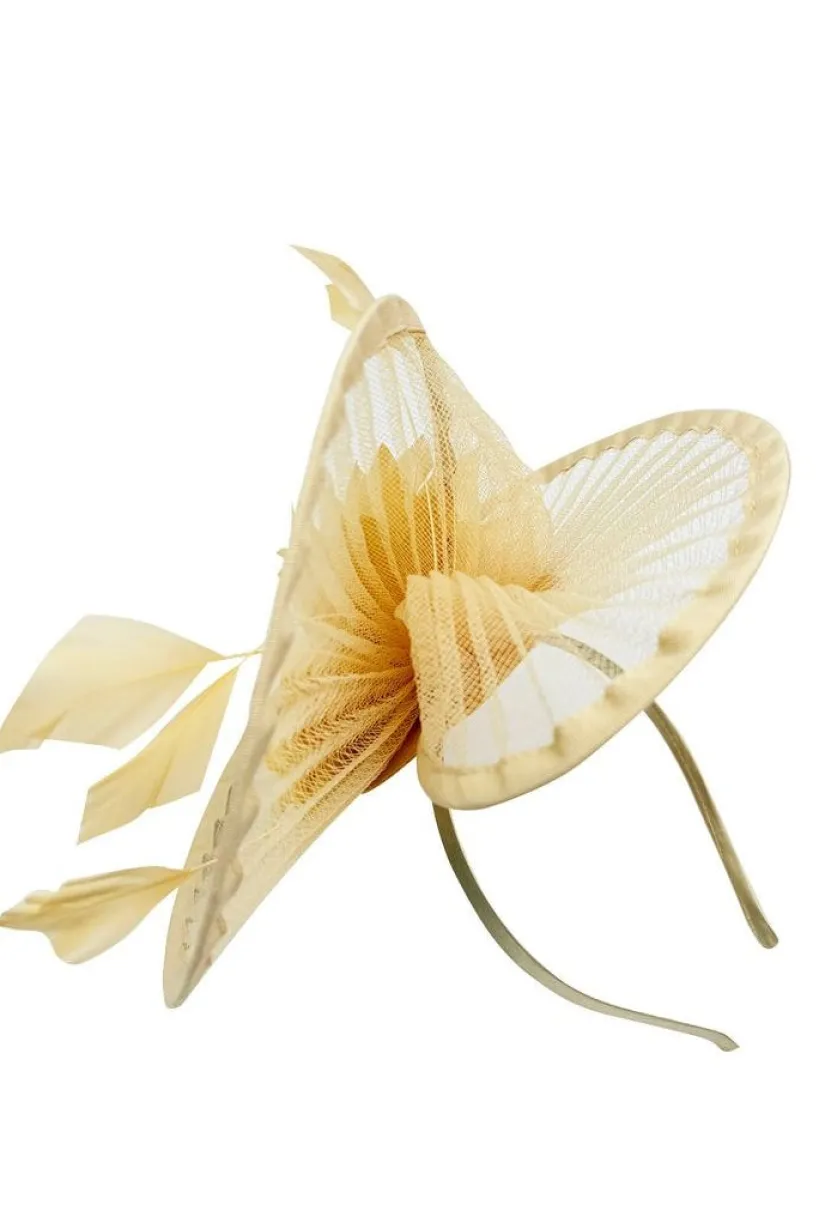 Spiral Circular Brim Fascinator With Feathers Burst In Beige by SVNX