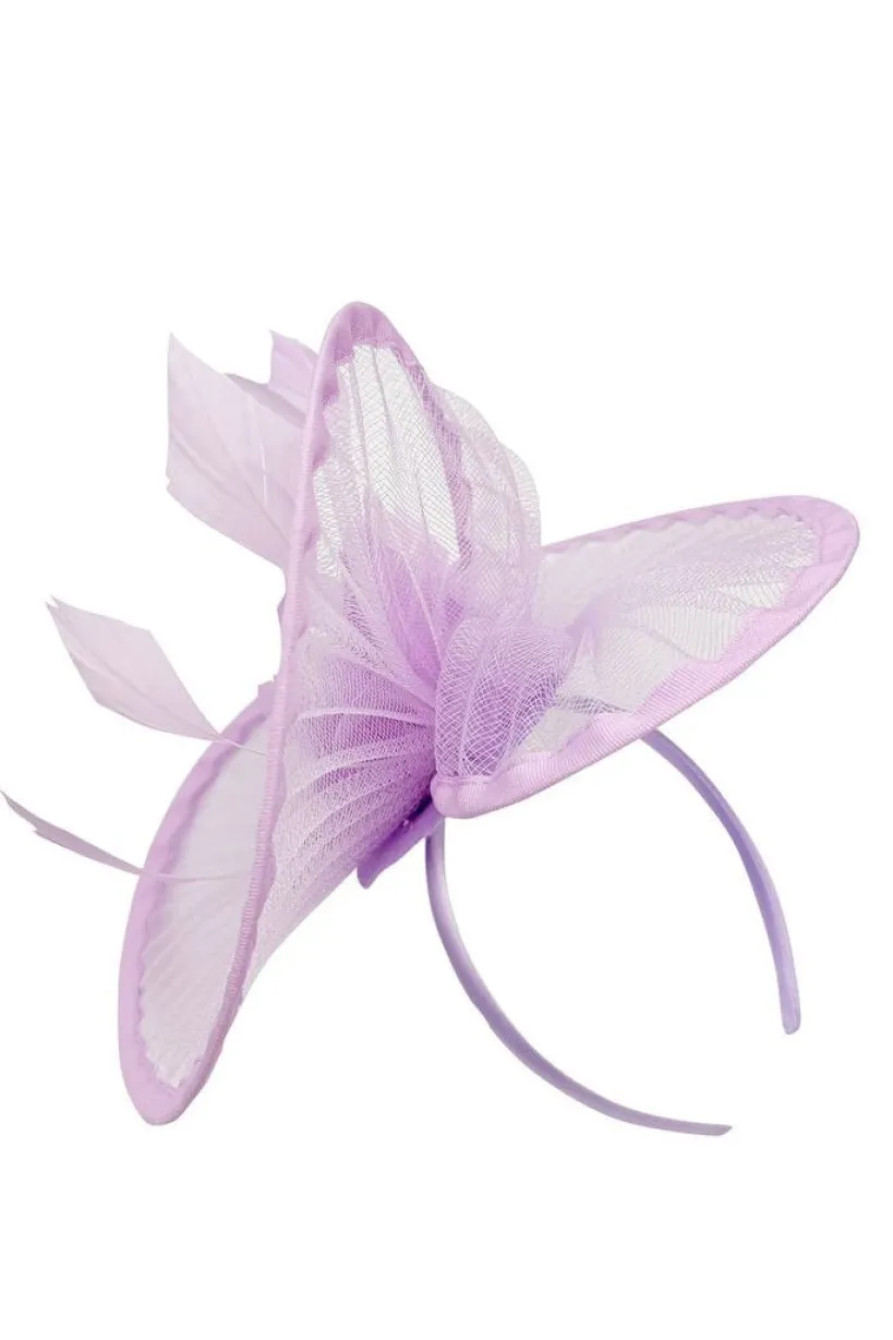 Spiral Circular Brim Fascinator With Feathers Burst In Lilac by SVNX