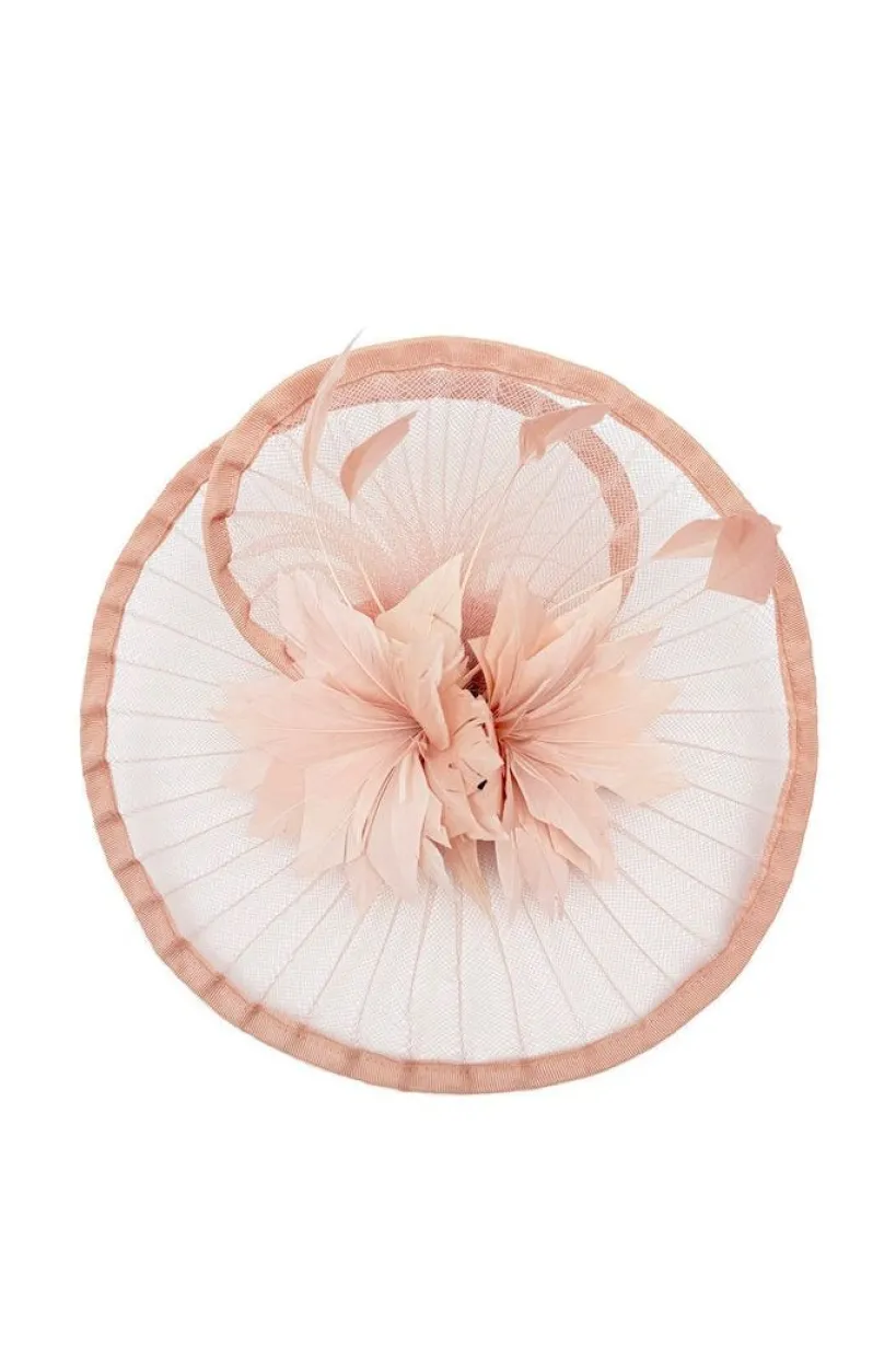 Spiral Circular Brim Fascinator With Feathers Burst In Pink by SVNX