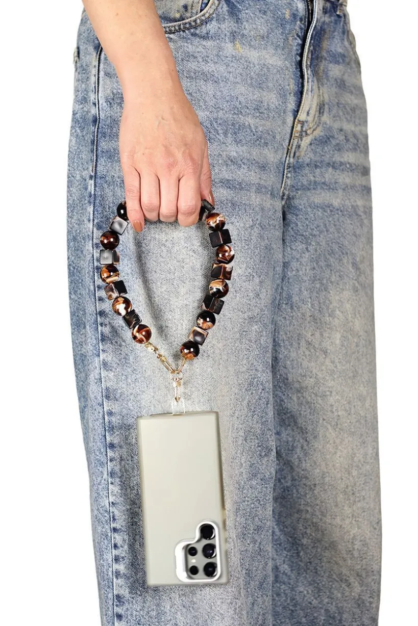 Square & Ball Style Acrylic Phone Strap - Black & Brown by Goddiva Accessories